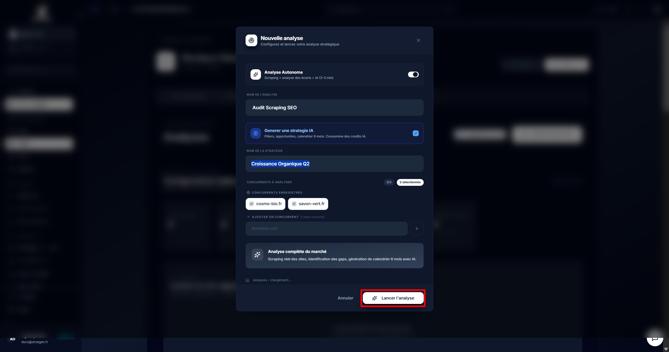 Modal de lancement de l'analyse IA