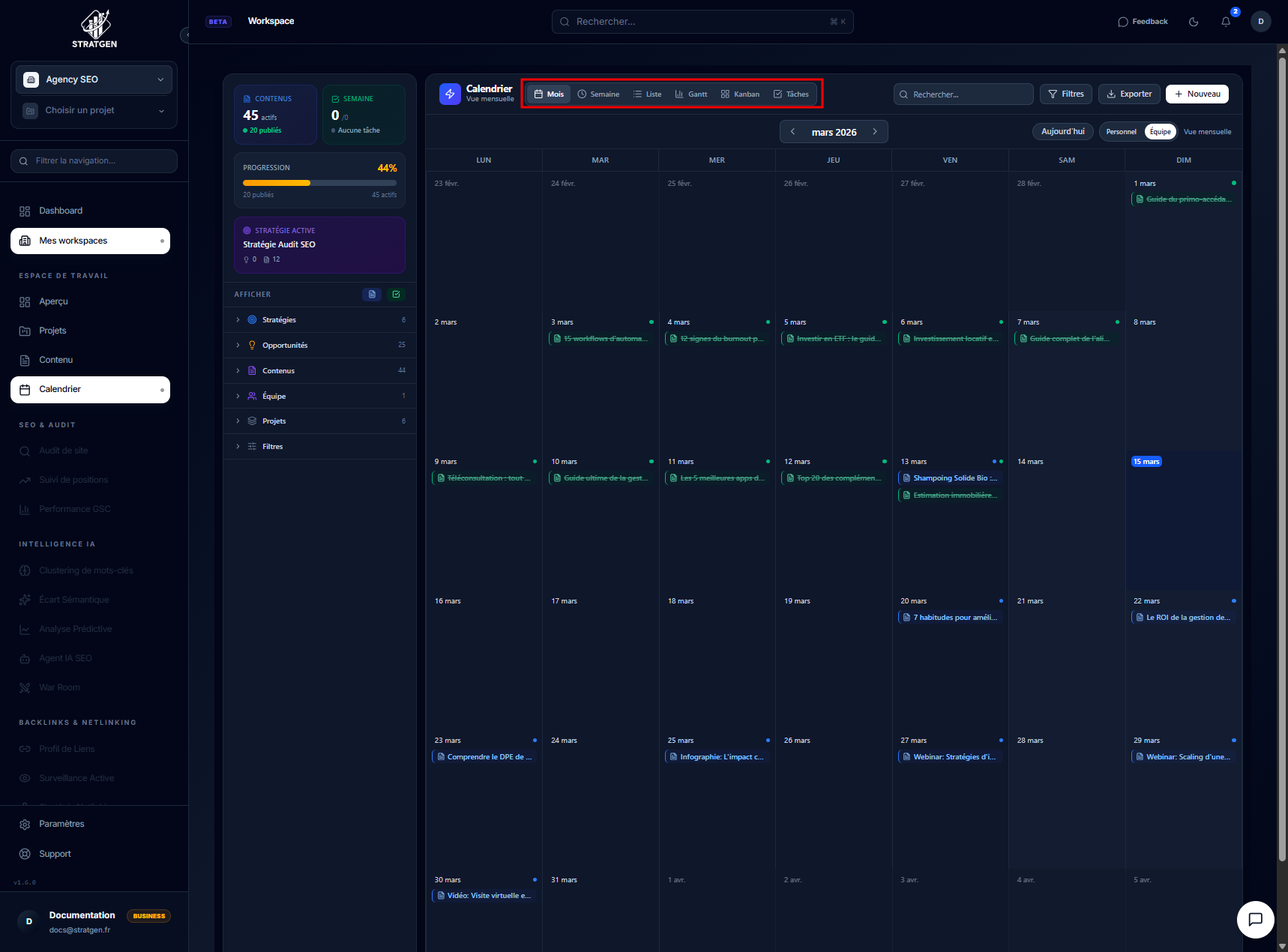 Vue mensuelle du calendrier éditorial