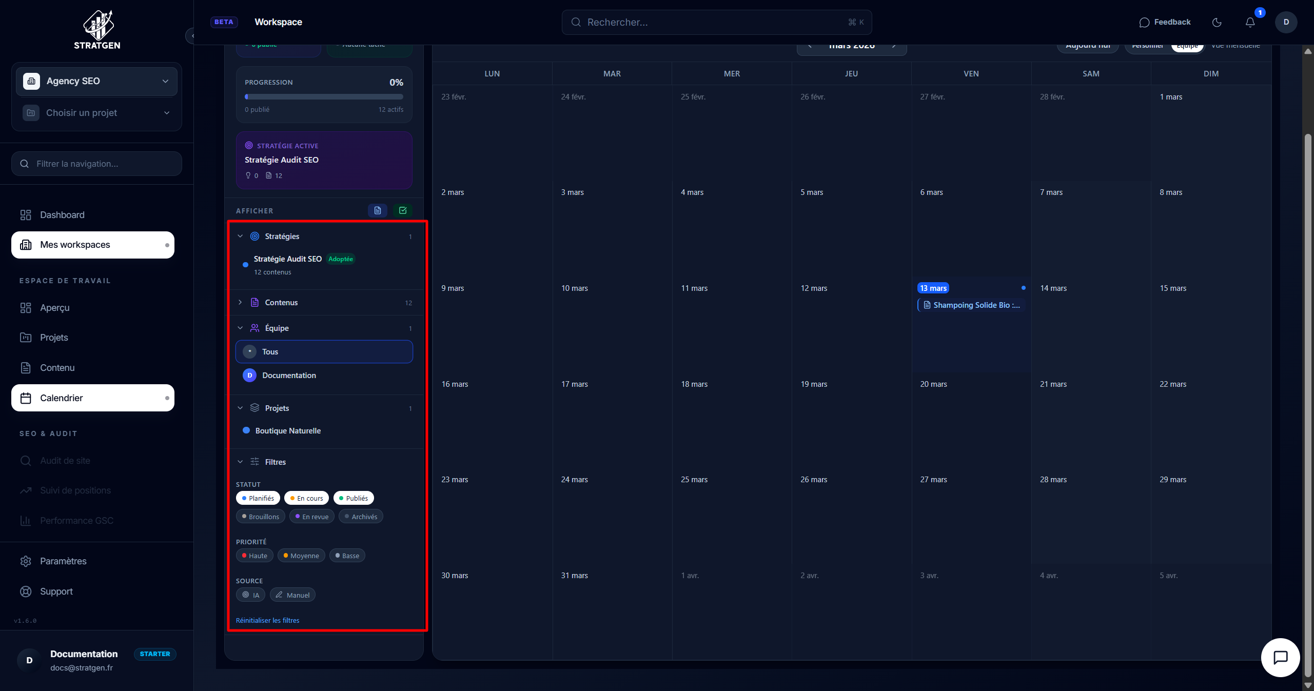 Panneau de filtres du calendrier