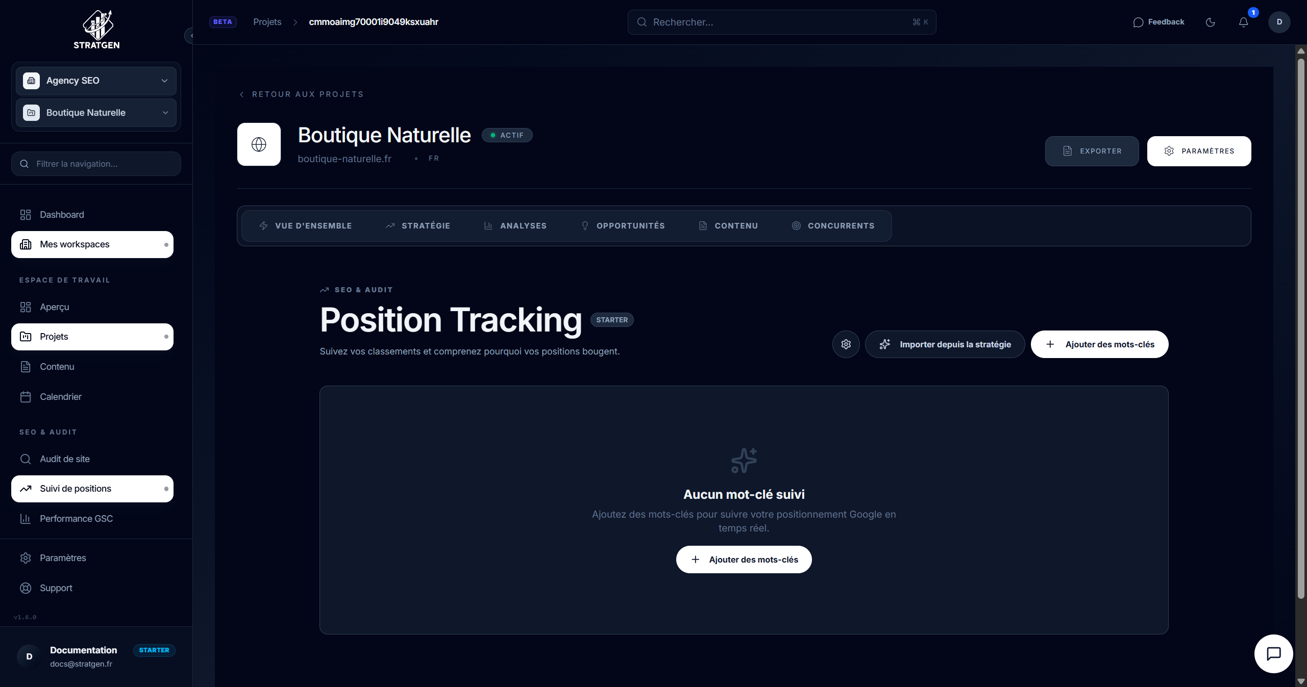 Tableau de bord du suivi de positions