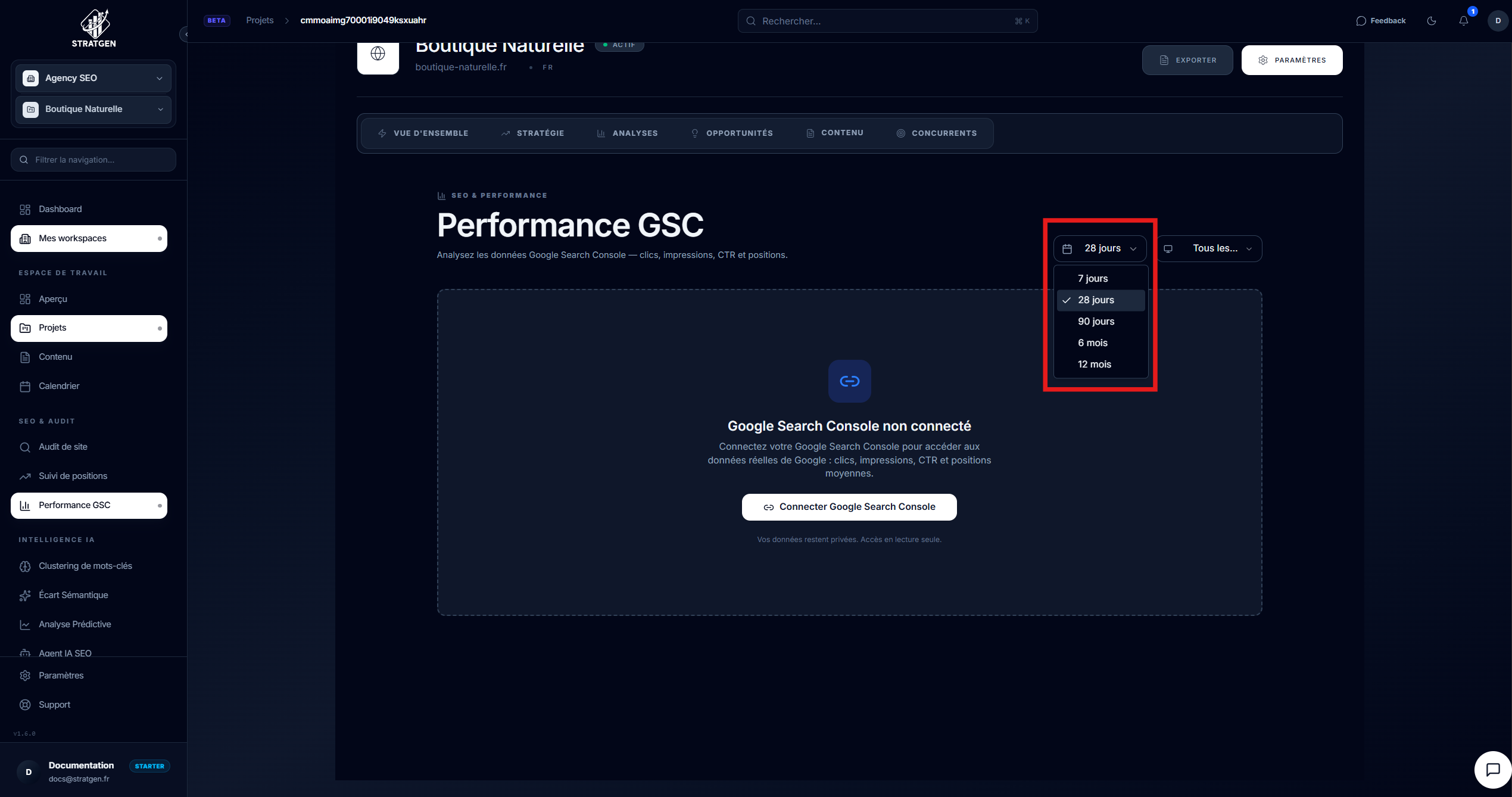 Options de filtrage des données GSC