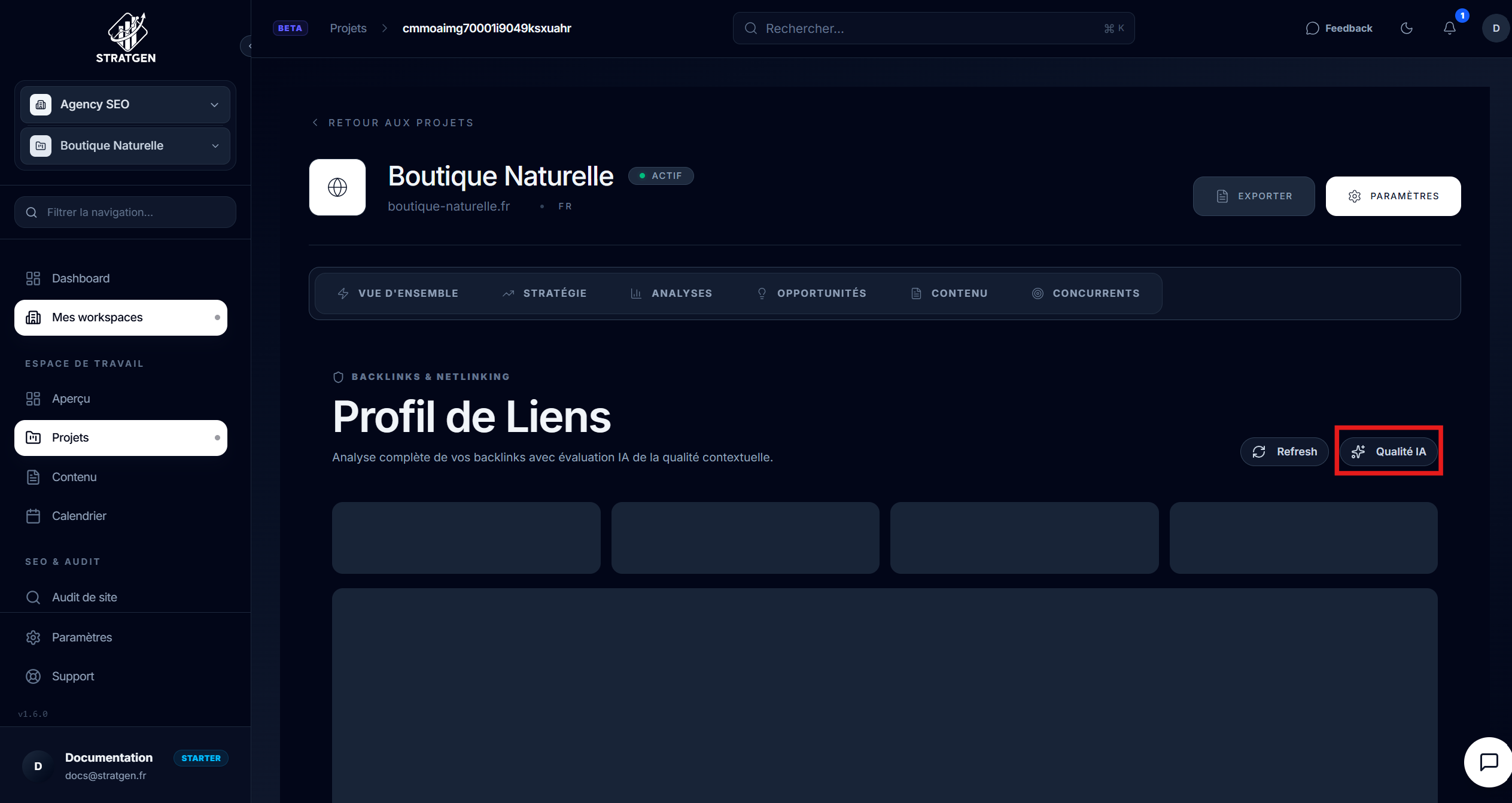 Tableau de bord du profil de liens