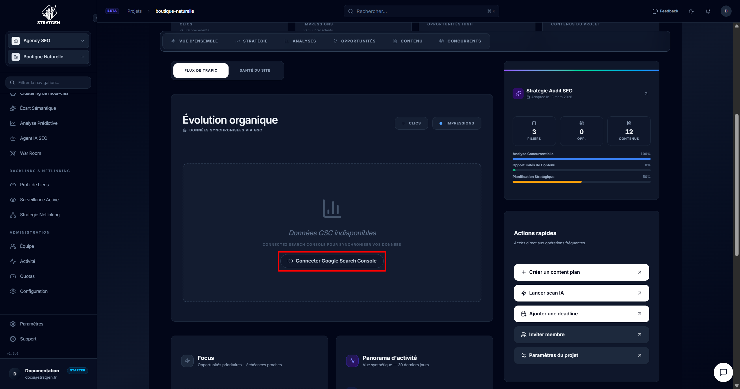 Page des intégrations avec la carte Google Search Console