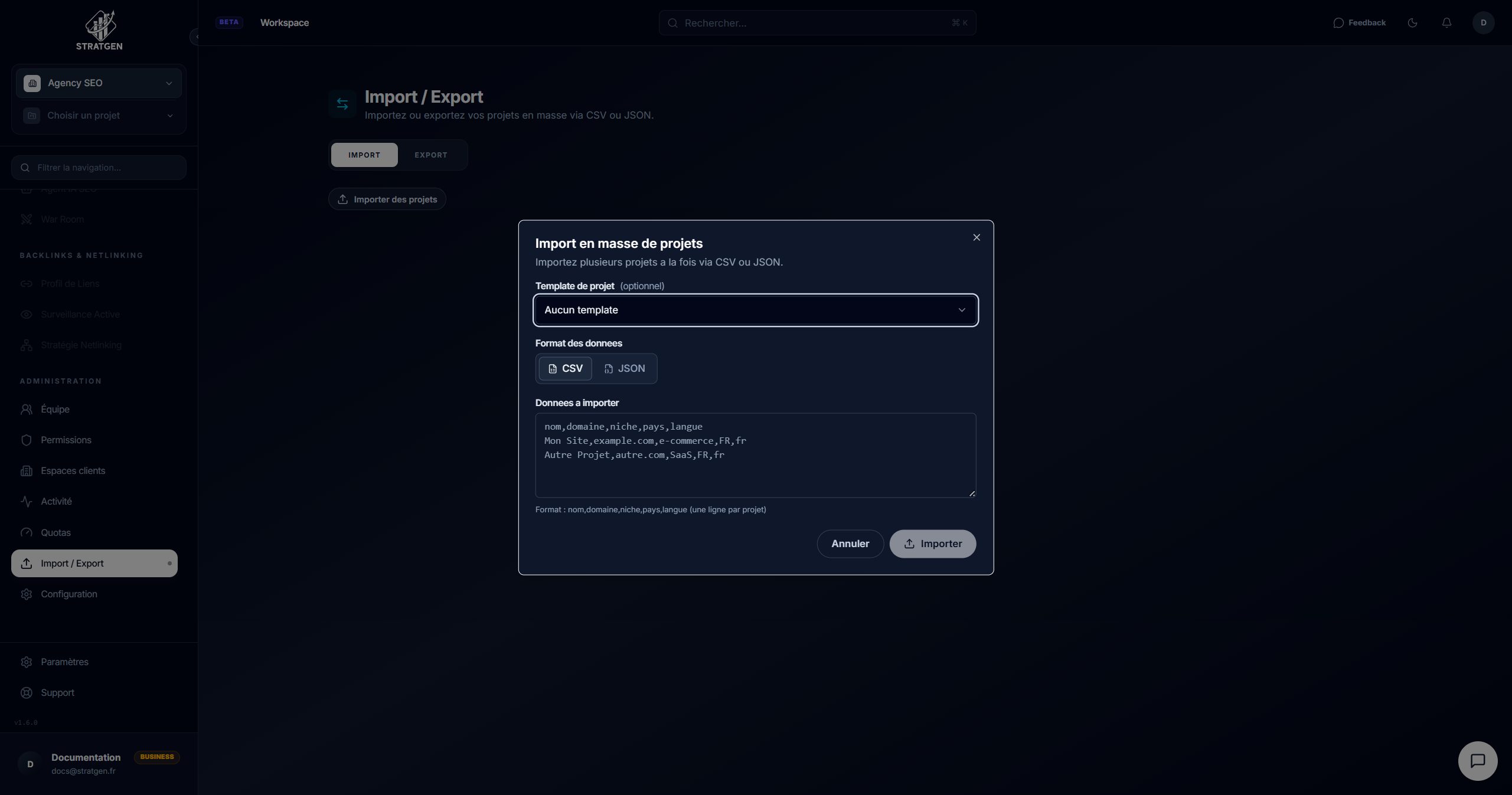 Interface d'import de mots-clés avec prévisualisation